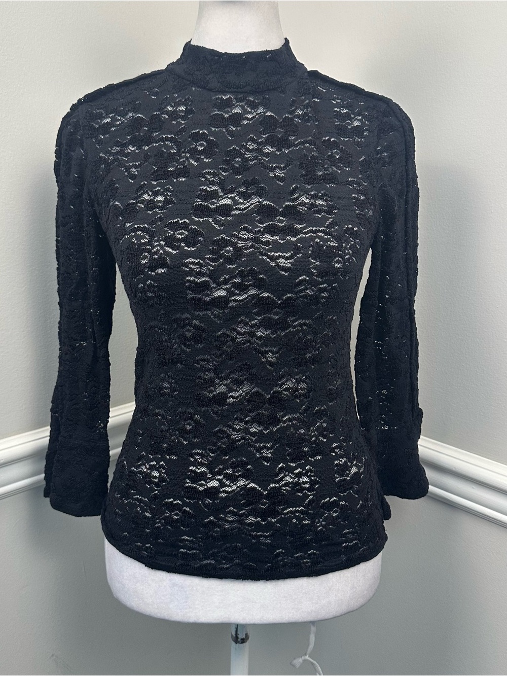 Free People Black Lace Mock Neck Long Sleeve Top XS